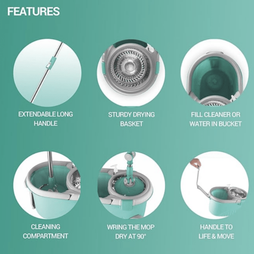 Spotzero by Milton Royale Steel Wringer Spin Mop With Big Wheels (Aqua Green, 2 Refills) - Image 2